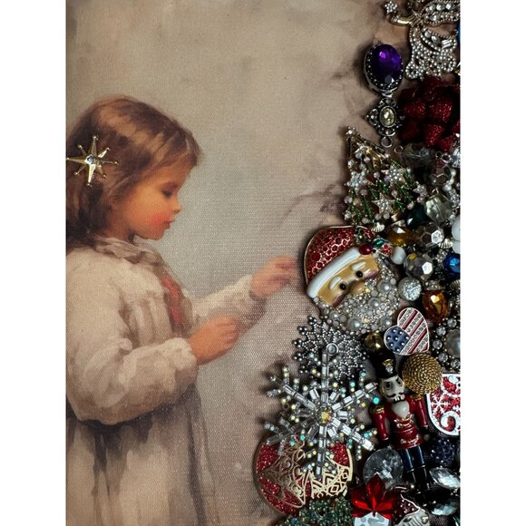 Girl Decorating Christmas Tree Vintage Jewelry Art Framed Picture by Betty - Picture 2 of 9